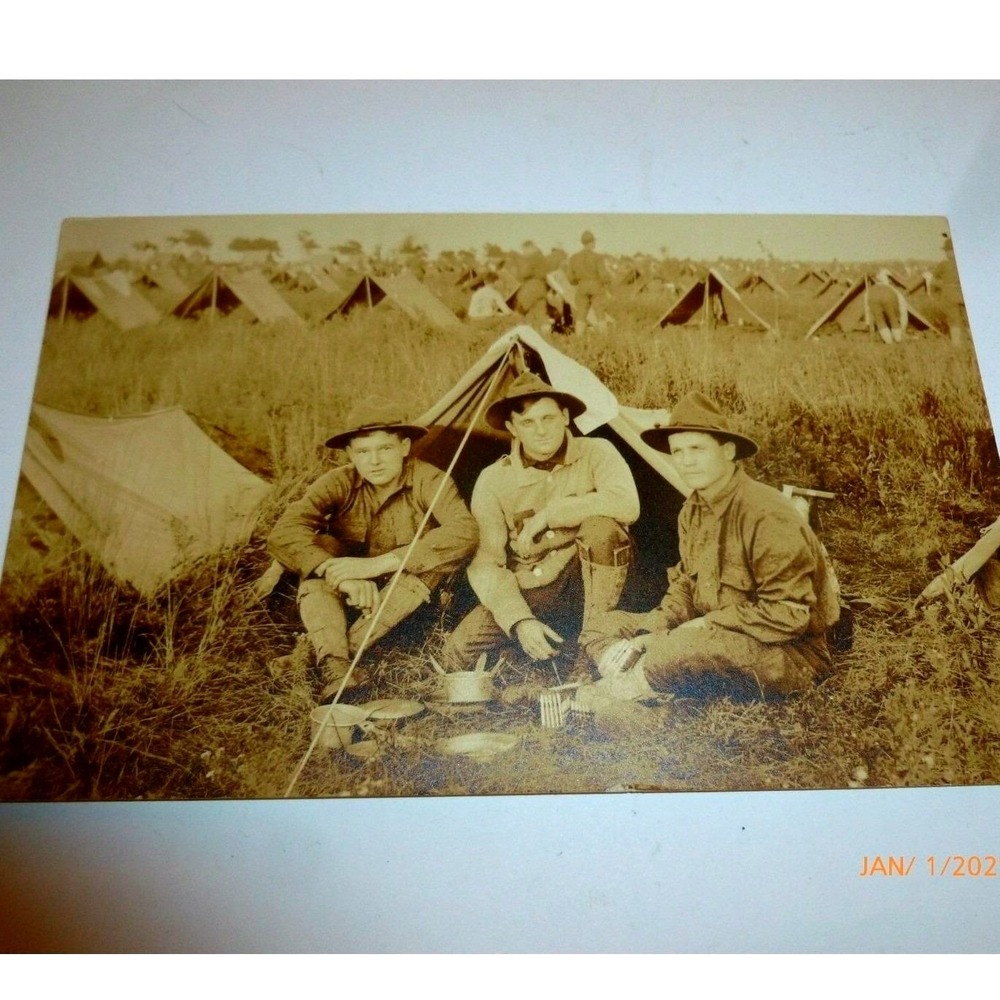Vintage WWI RPPC Real Photo Postcard US‎ Soldiers Pup Tent Military Camp Artura